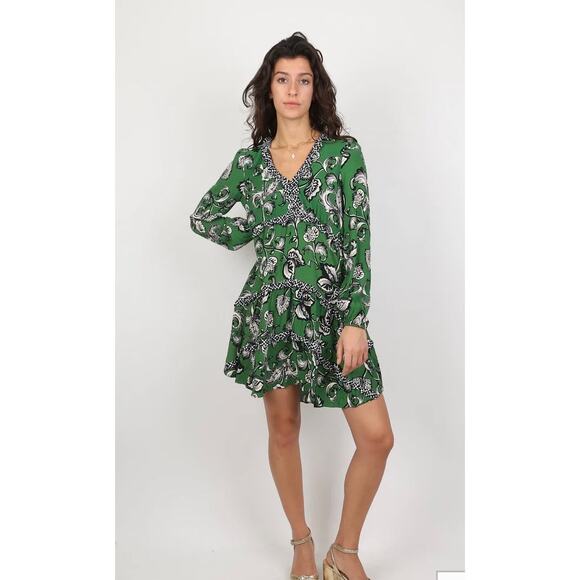 Anthropologie Robin Boho Tiered Ruffled V-Neck Dress Green Motif‎ Size Medium - Picture 1 of 11